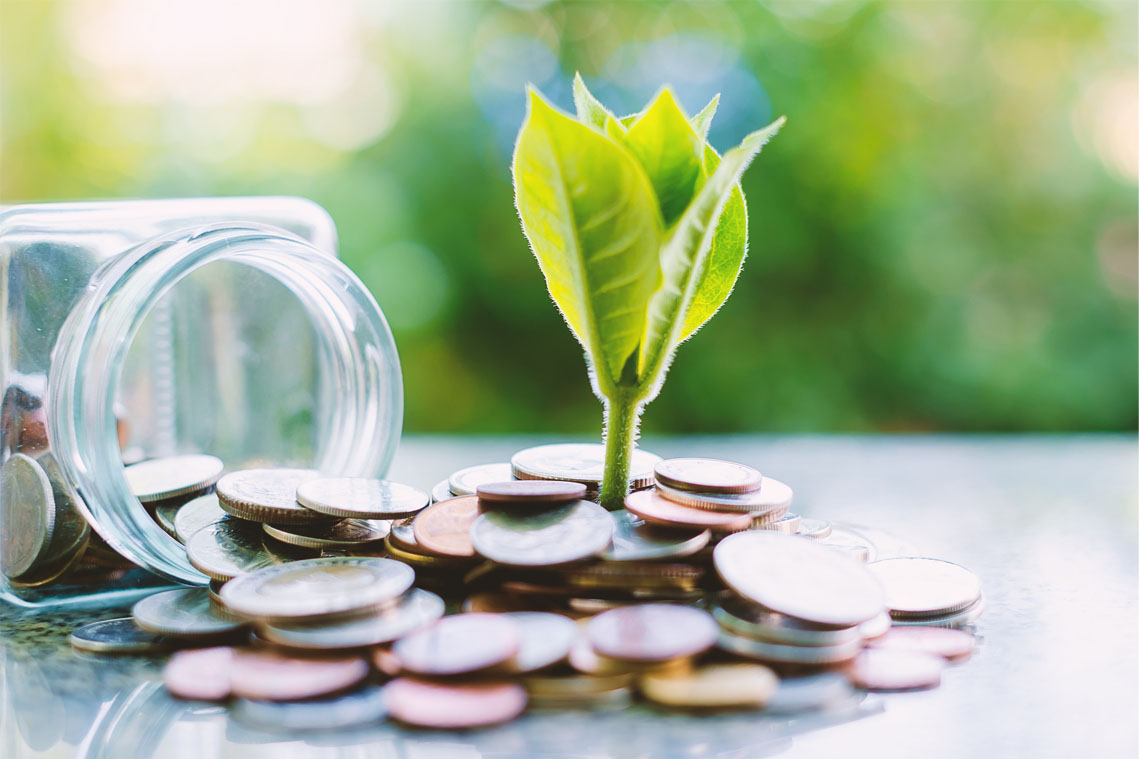 Stylish depiction of a plant growing out of coins spilling from a jar.