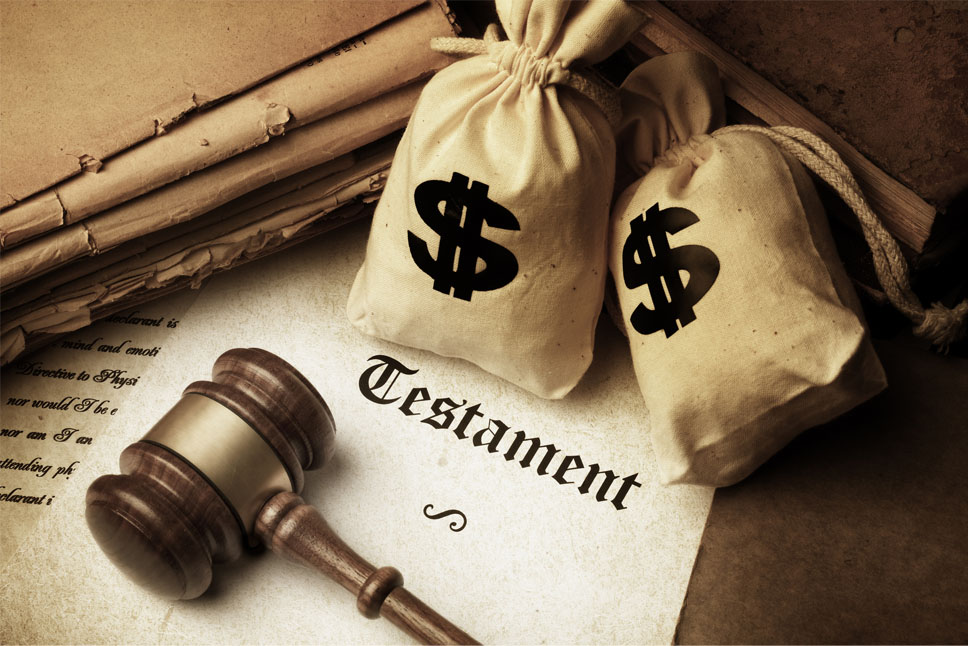 Depiction of a last will and testament featuring a gavel, two sacks of money and legal documents with old timey lettering.
