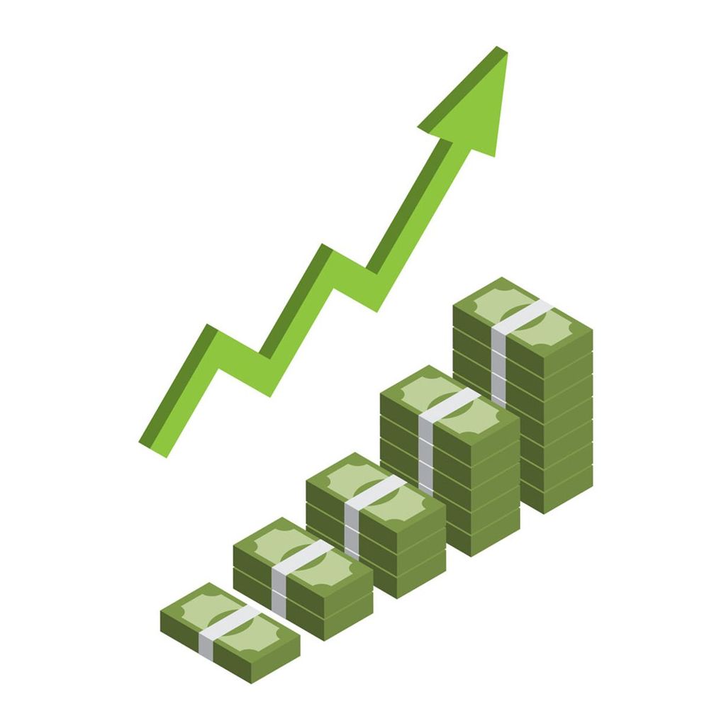 Series of stacks of money increasing in size with a squiggly arrow indicating financial growth over time.