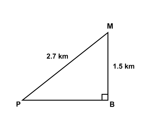 Diagram of a right triangle. Hypotenuse is 2.7 kilometres in length and the side opposite angle P is 1.5 kilometres in length.
