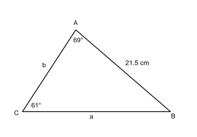 Diagram of triangle ABC. Side AB is 21.5 centimetres. Sides BC and AC are unknown. Angle A measures 69 degrees; angle C measures 61 degrees and Angle B is unknown. 