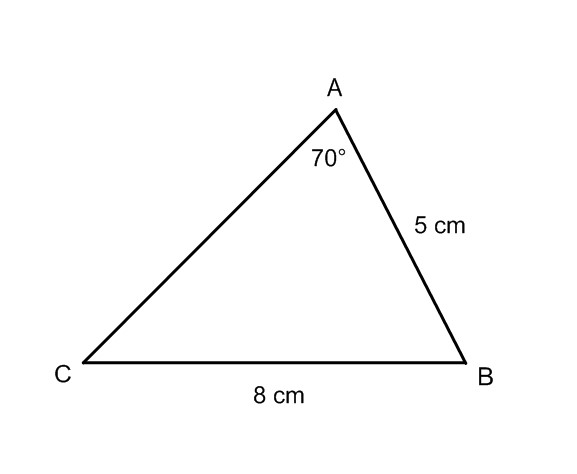 Triangle A B C. Angle A is 70 degrees, side a is 8 centimetres in length, and side c is 5 centimetres in length.