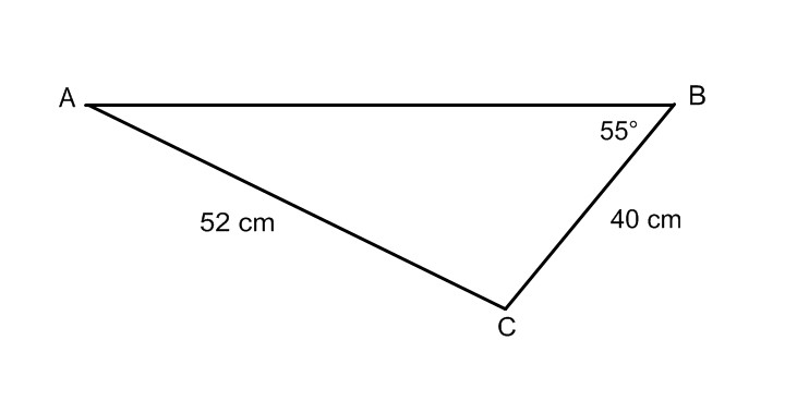 Diagram of triangle A B C. Angle B is 55 degrees, with angles A and C unknown. Side b is 52 centimetres in length, side a is 40 centimetres in length, and side c is unknown.