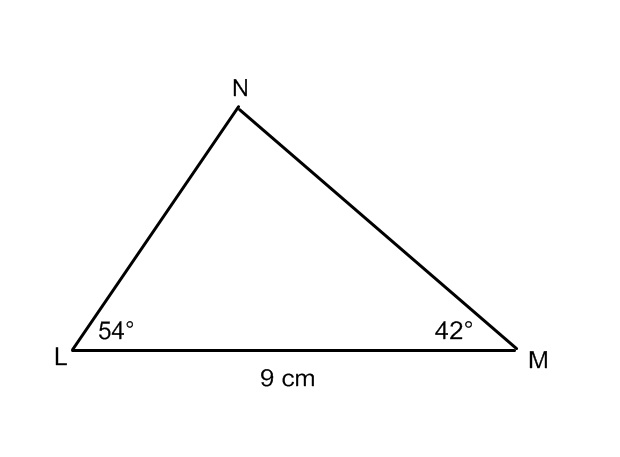 Diagram of triangle L M N. Angle L is 54 degrees, angle M is 42 degrees, and angle N is unknown. The side opposite angle N is 9 centimetres in length.