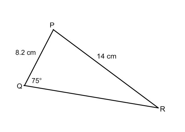Diagram of triangle P Q R. Angle Q is 75 degrees, with angles P and R unknown. Side r is 8.2 centimetres in length and side q is 14 centimetres in length.