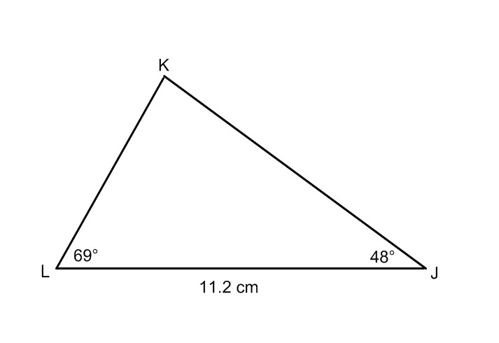 Diagram of triangle J K L. Angle J is 48 degrees, angle L is 69 degrees, and angle K is unknown. Side k is 11.2 centimetres in length. Sides j and l are unknown.