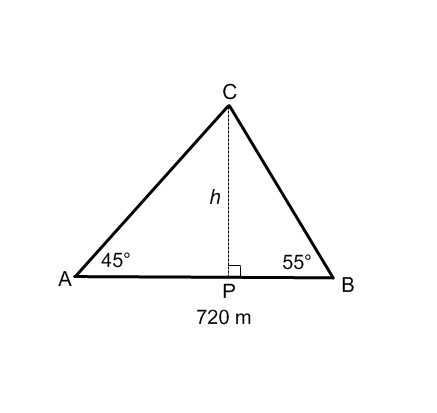 Diagram of triangle A B C with altitude drawn from C to AB labelled P. Angle A is 45 degrees, B is 55 degrees, and angle C is unknown. Side A B is 720 metres in length. Side h runs from point C to point P and makes a right angle with P.