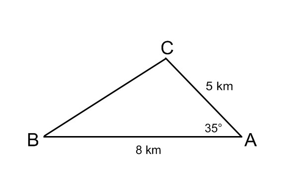 Diagram of triangle A B C. Angle A is 35 degrees, side b is 5 kilometres in length, and side c is 8 kilometres in length. All other quantities are unknown.