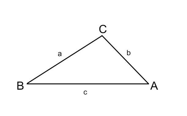 Diagram of triangle A B C with no known quantities.