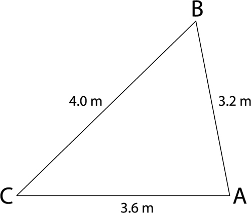 Diagram of triangle A B C. Side a is 4 metres in length, side b is 3.6 metres in length, and side c is 3.2 metres in length. All three angles are unknown.