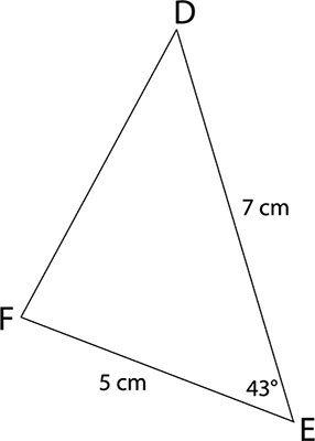 Diagram of triangle D E F. Angle E, which is the contained angle, is 43 degrees. Side f is 7 centimetres in length and side d is 5 centimetres in length. No other quantities are known.