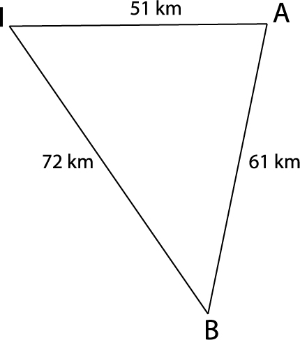 Diagram of triangle I A B. Side a is 72 kilometres in length, side b is 51 kilometres in length, and side I is 61 kilometres in length. No angles are known.