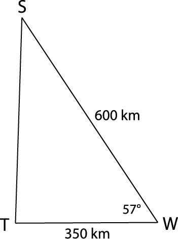 Diagram of triangle S T W. Angle W is 57 degrees, side s is 350 kilometres in length, and side t is 600 kilometres in length. No other quantities are known.