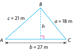 Triangle ABC with the length of side a is 18m, side b is 27m, side c is 21m. A right angle is formed from a line from angle B to the base, labelled h.