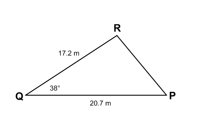 Diagram of triangle P Q R. Angle Q is 38 degrees, and the two adjacent sides (sides p and r) are 17.2 metres and 20.7 metres in length respectively. No other quantities are known.