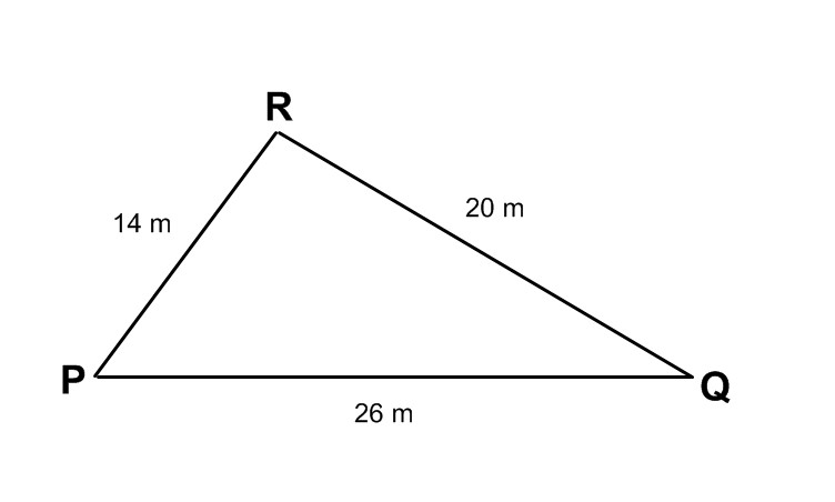 Diagram of triangle P Q R. Side p is 20 metres in length, side q is 14 metres in length, and side r is 26 metres in length. No angles are known.