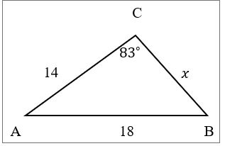 Triangle ABC with labelled side a with an x and is unknown, side b is 14 and side c is 18. Angle C is 83 degrees.